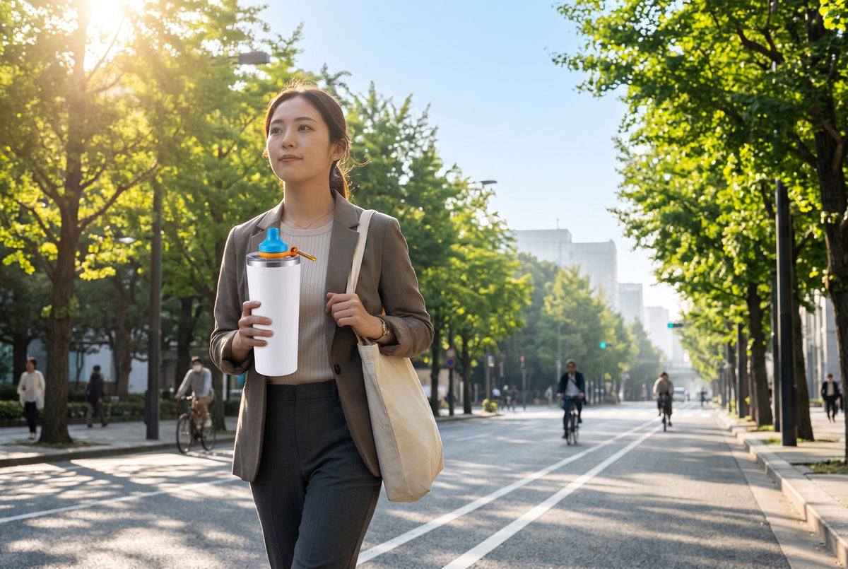 A woman walks to work holding a 20 oz tumbler with the Simple Sip lid