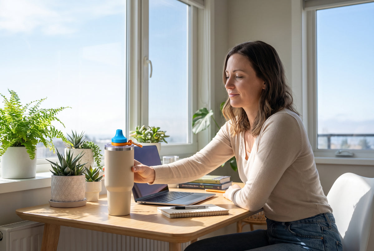 A 30 oz tumbler with the Simple Sip lid on a home office desk