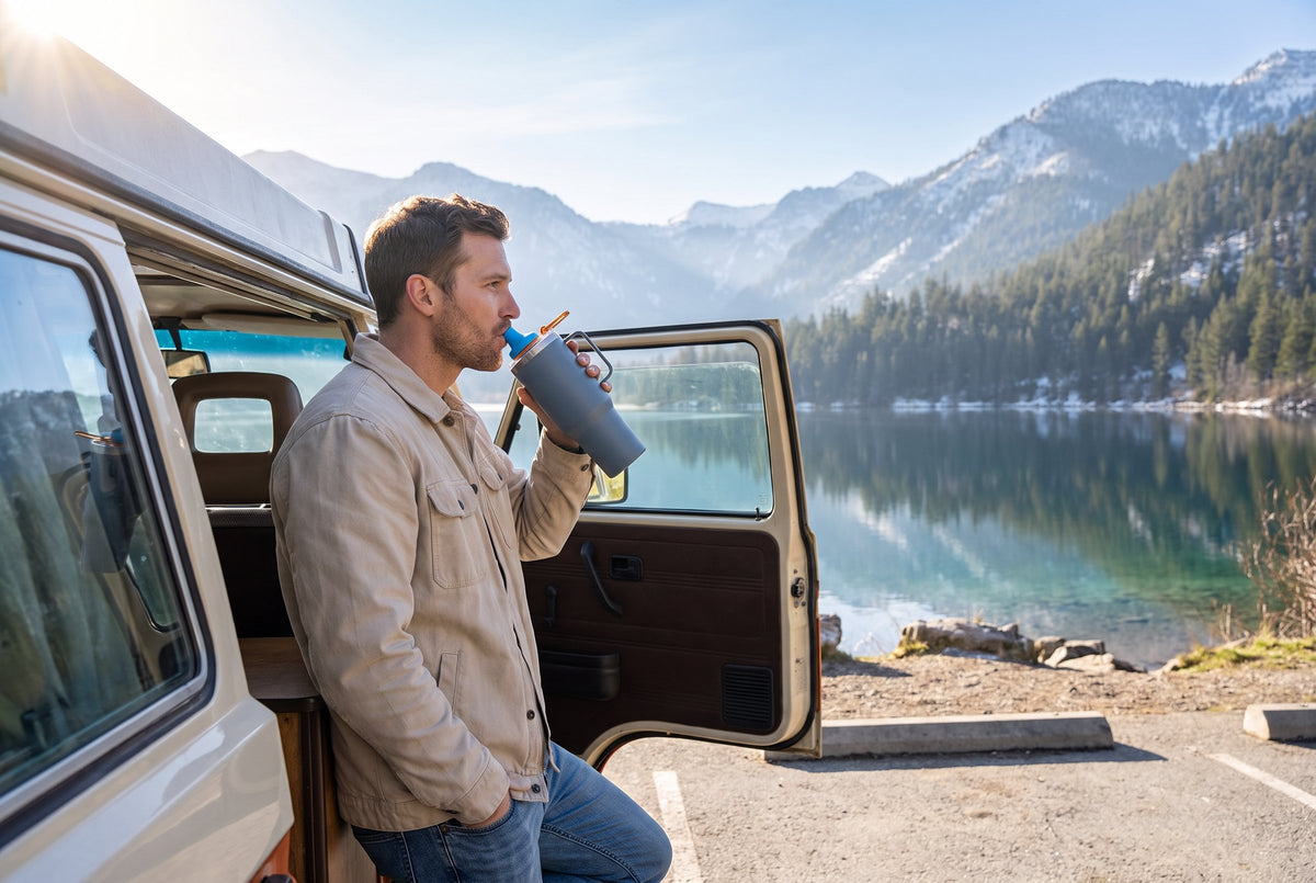 A man drinks from a 40 oz tumbler with the Simple Sip lid at a camper van by a mountain lake