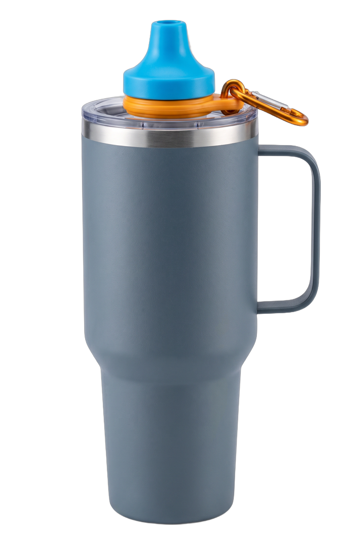 A 40 oz tumbler with a handle fitted with the Simple Sip adapter