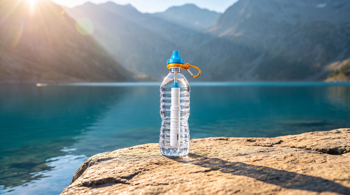A water bottle with the Simple Sip filter at a lake in golden evening light