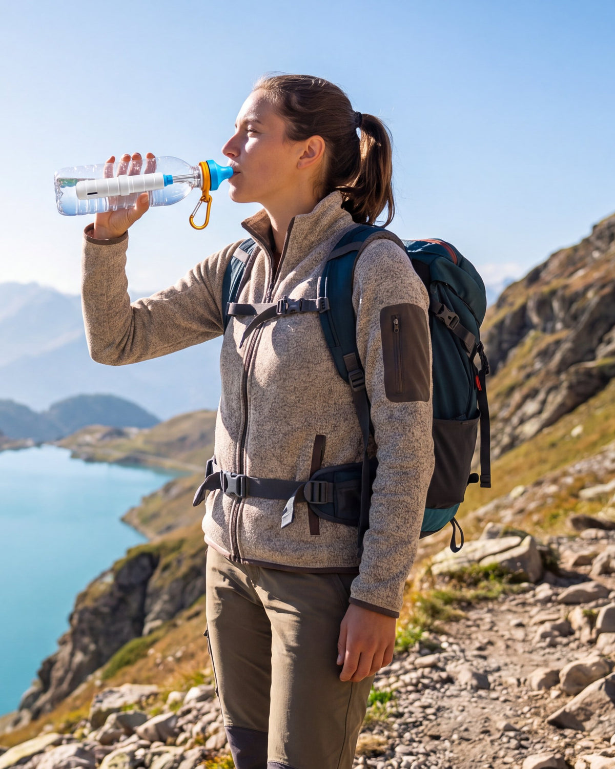A hiker drinks from a disposable bottle fitted with the Simple Sip filter above a mountain lake