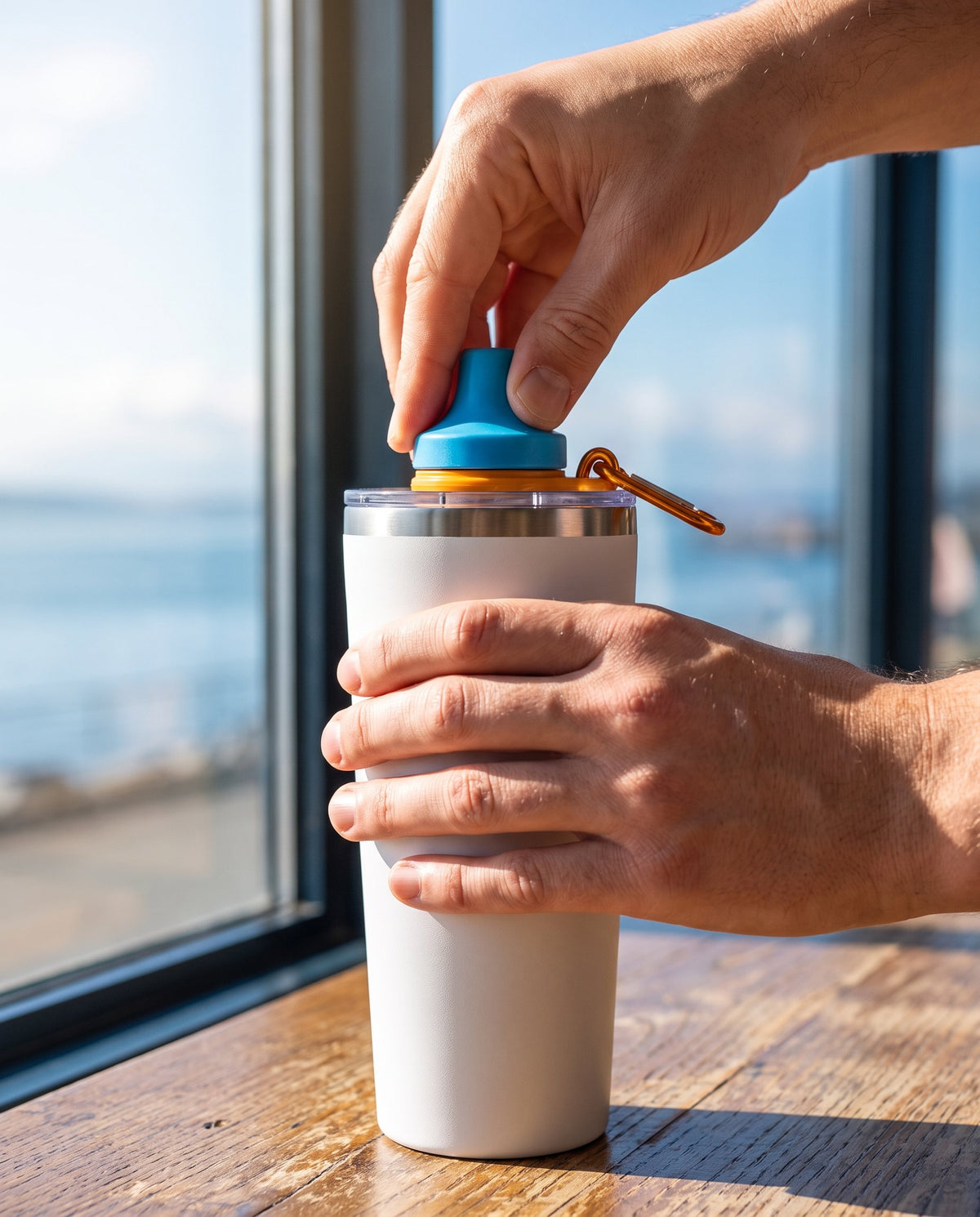 Pressing the Simple Sip adapter onto a 20 oz tumbler