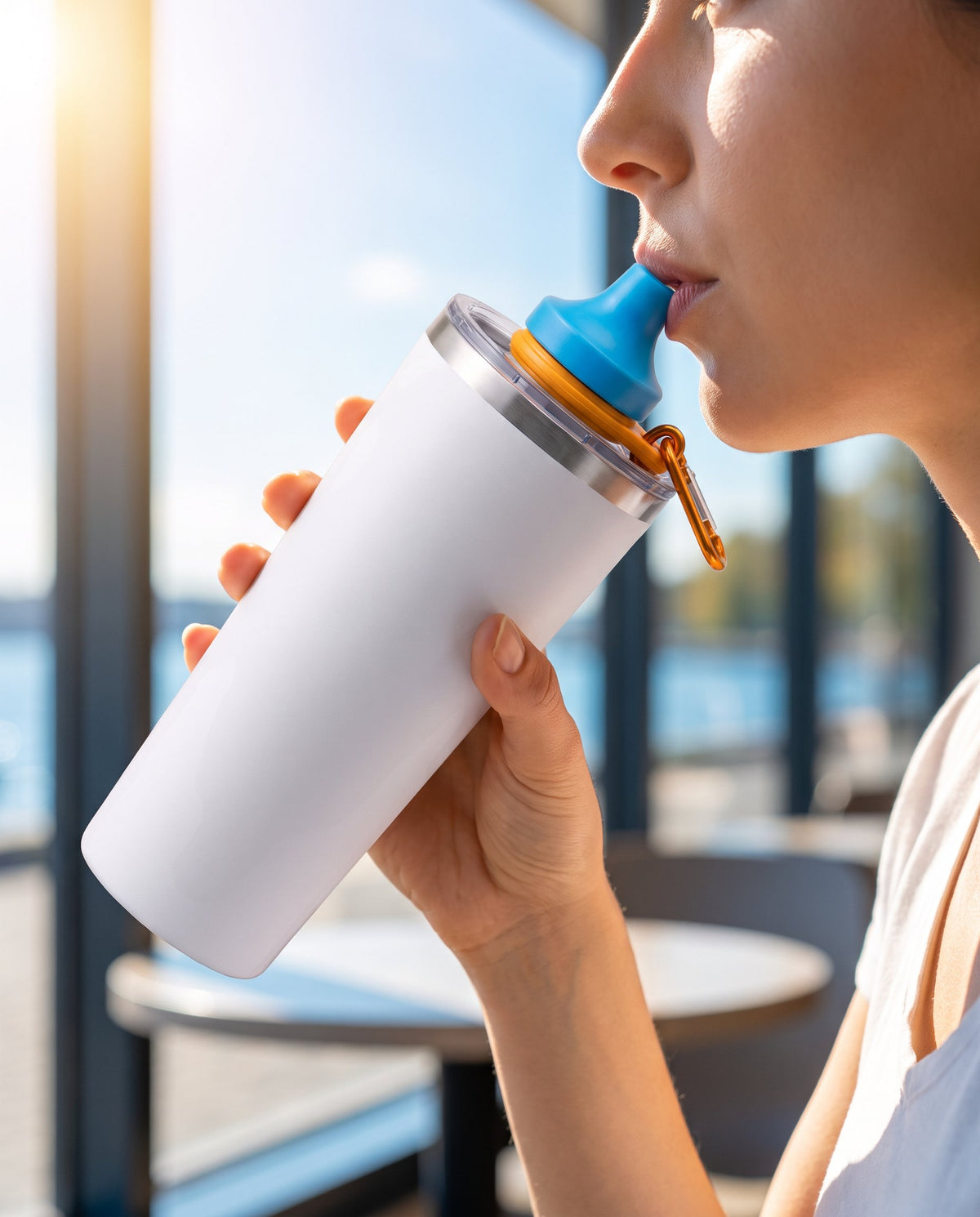 A woman drinks from a 20 oz tumbler with the Simple Sip lid in a cafe