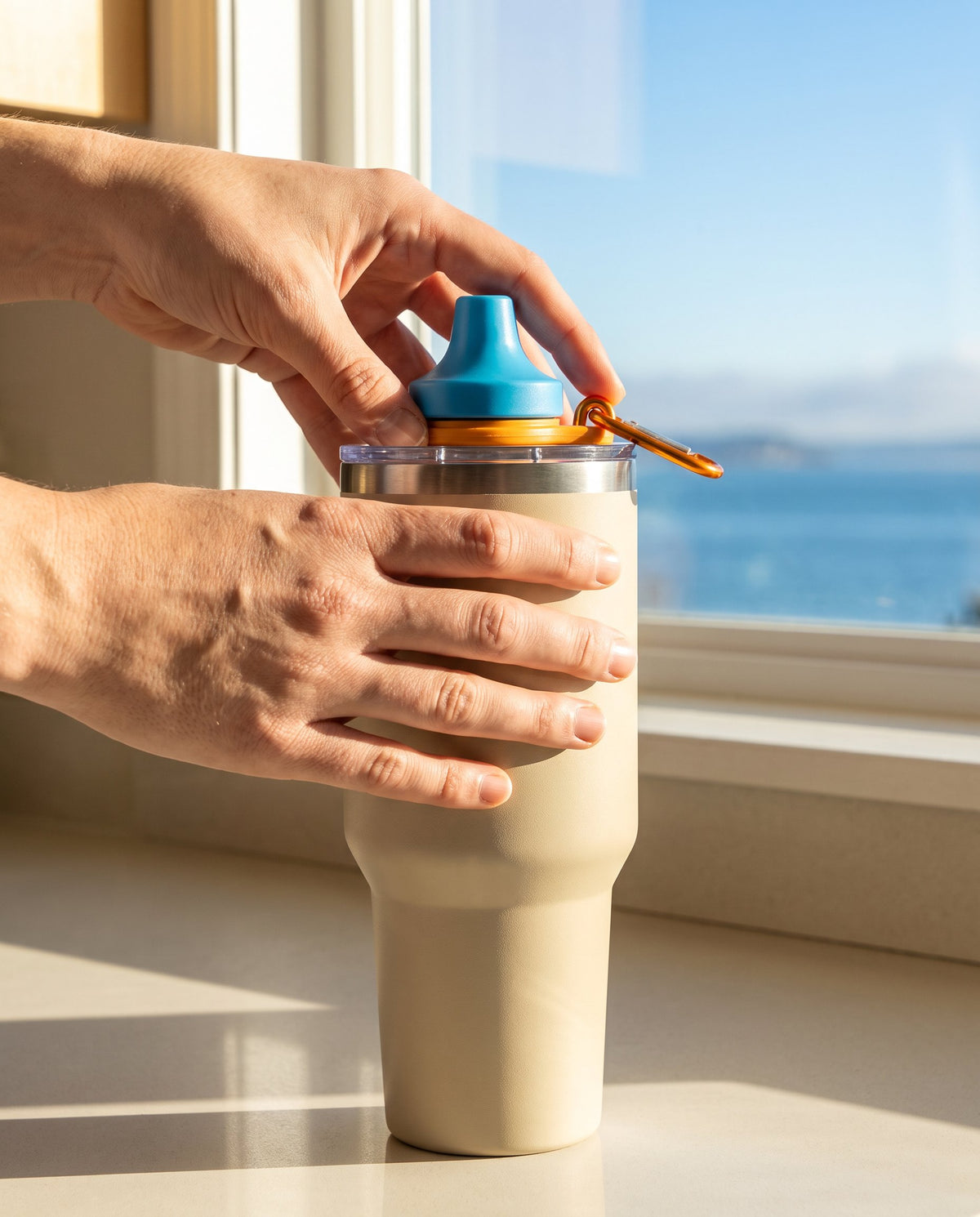 Pressing the Simple Sip adapter onto a 30 oz tumbler