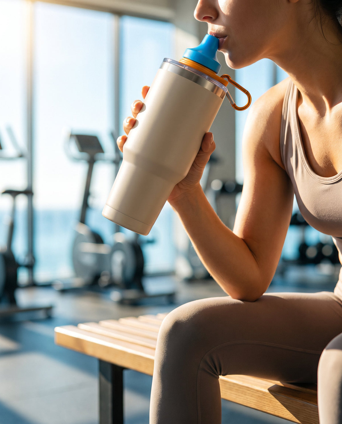 A woman drinks from a 30 oz tumbler with the Simple Sip lid at the gym