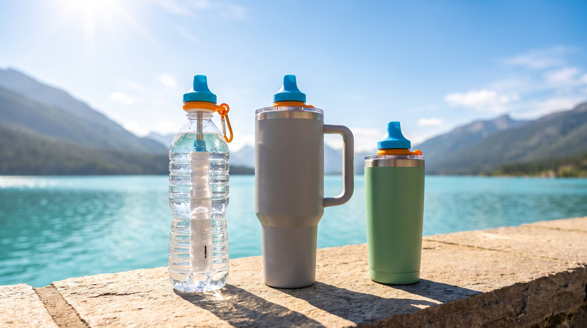 A disposable bottle, a 40 oz tumbler and a 20 oz tumbler, each fitted with the Simple Sip