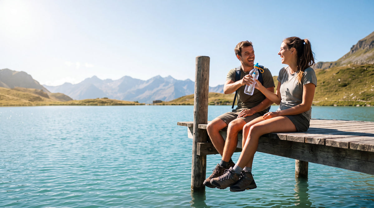 Two friends on a lake dock share a bottle fitted with the Simple Sip filter