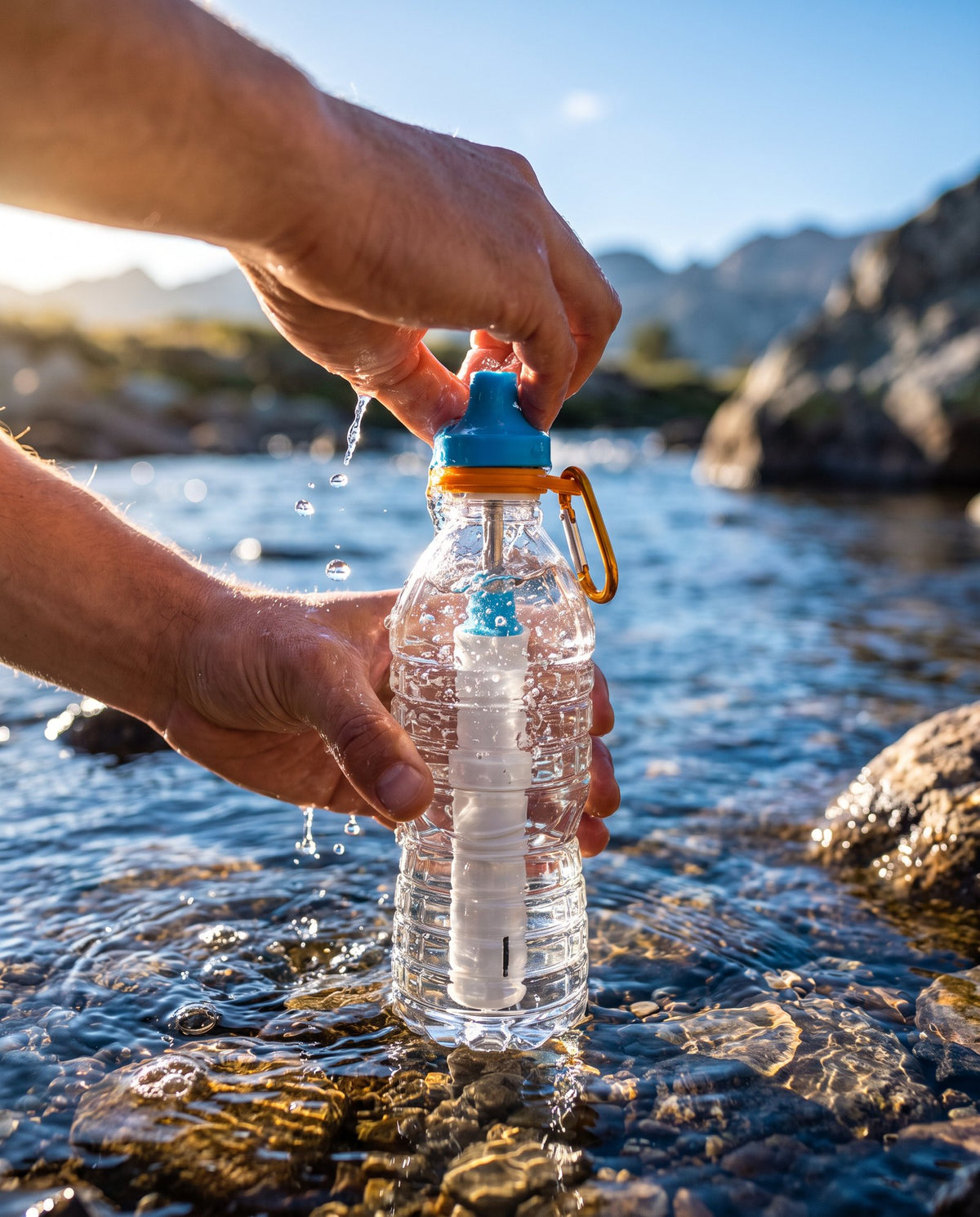 Filling a disposable water bottle from a mountain stream