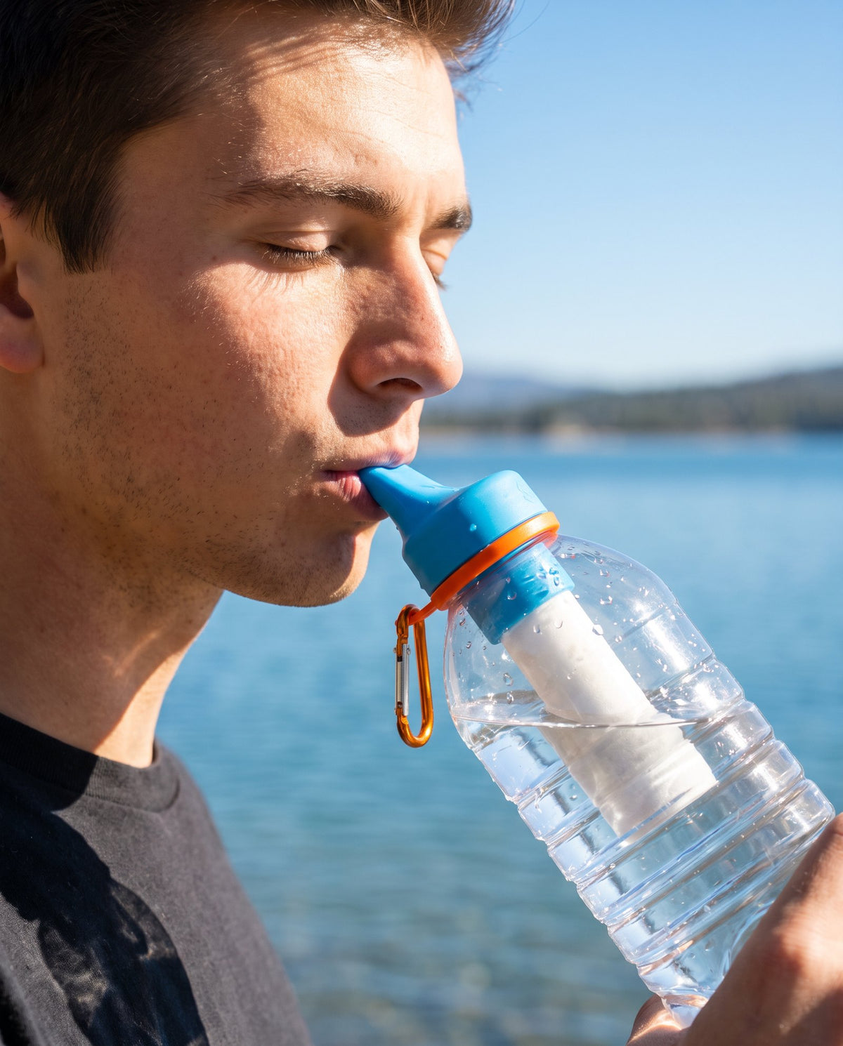 Drinking through the Simple Sip filter from a bottle