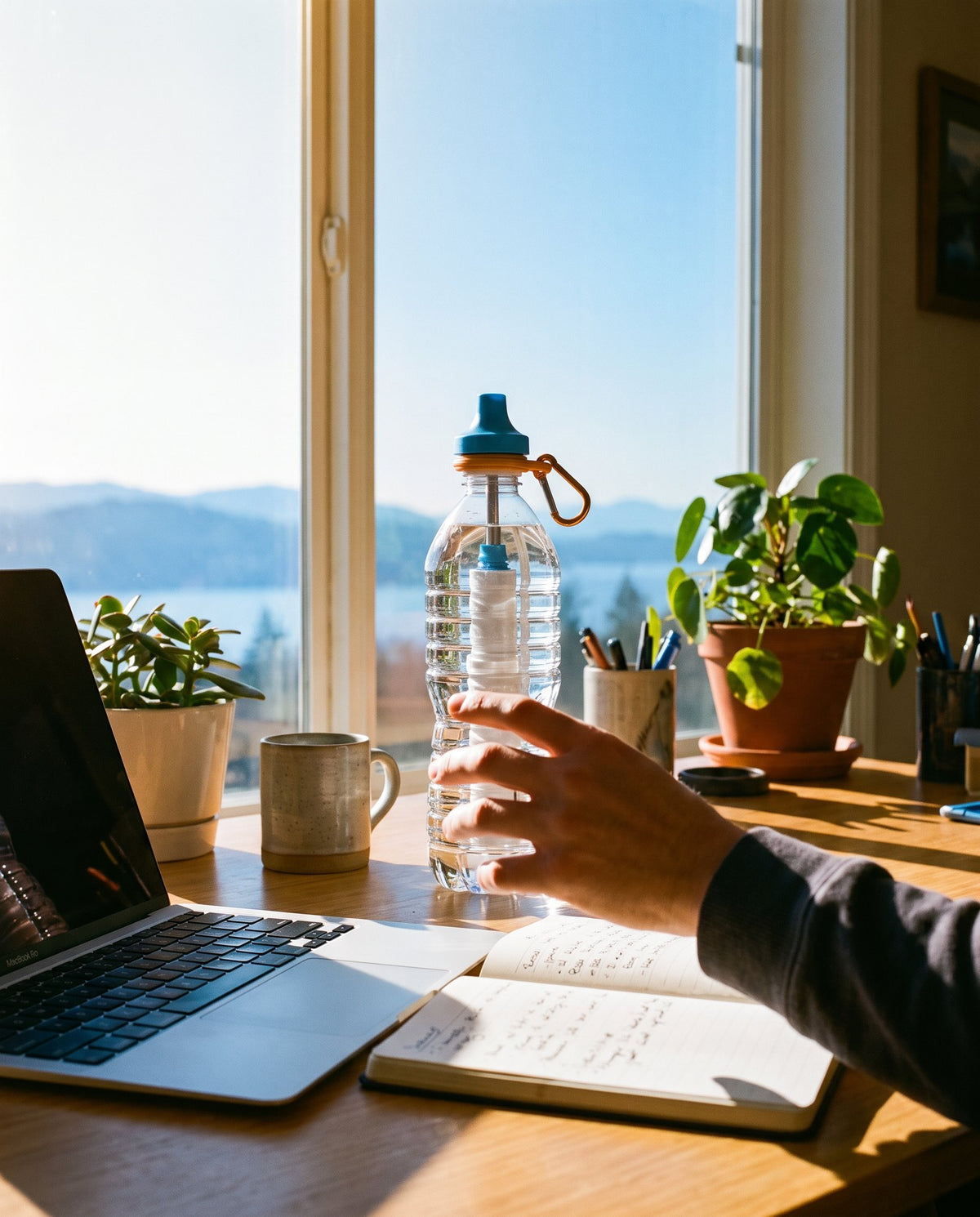 A tumbler with the Simple Sip lid on a desk