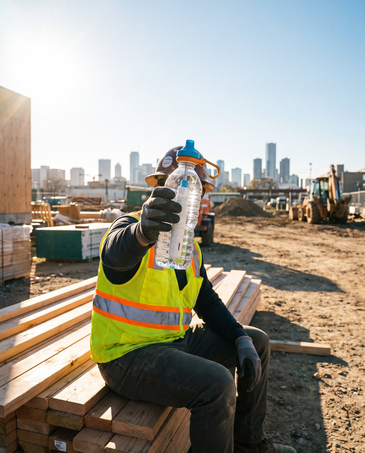 A construction worker with a 40 oz tumbler fitted with the Simple Sip lid