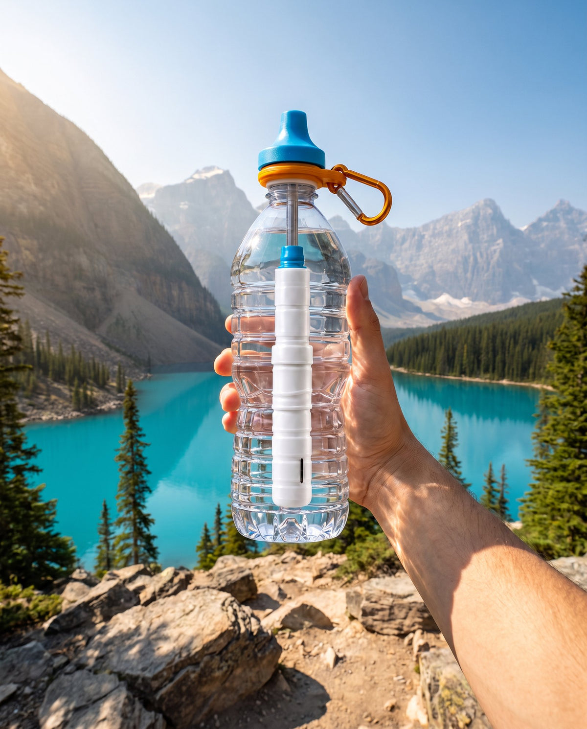 A hiker on a trail with a disposable bottle and the Simple Sip filter