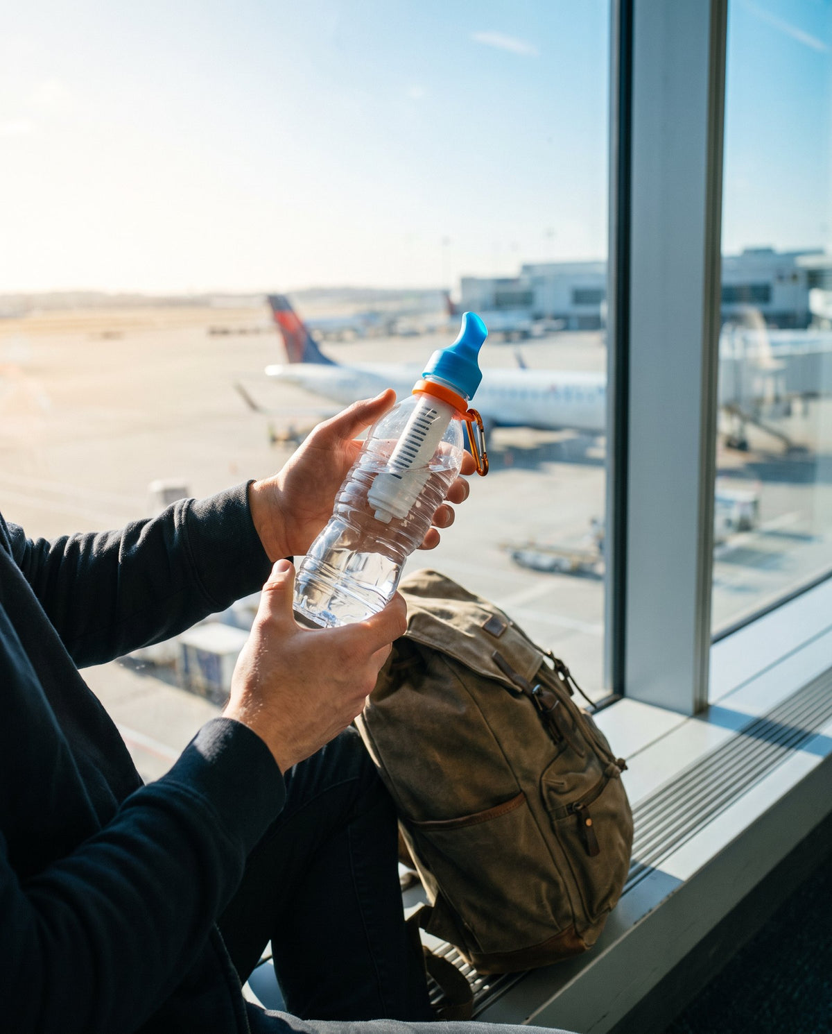 A traveller with a bottle fitted with the Simple Sip filter